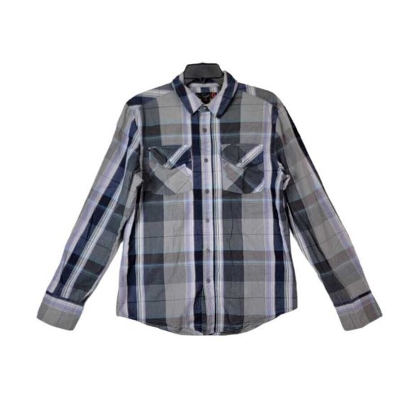 G by Gues Men's Size Medium Plaid Polo Dress Shirt Gray Cotton Long Sleeves - Picture 8 of 8